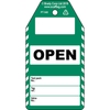 OPEN (valve)-informatietag, Engels, Zwart op groen, wit, 80,00 mm (B) x 150,00 mm (H)